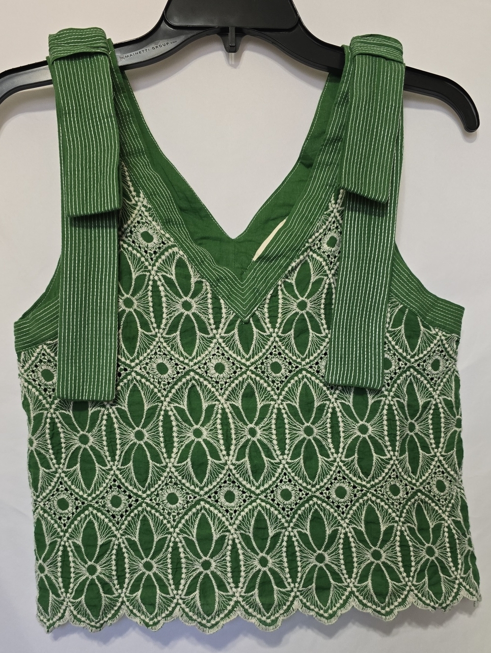 Entro Green White Geometric Floral Eyelet Crochet Tie Shoulder Crop Top